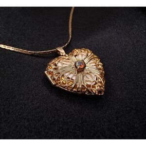 Vintage Gold-Tone Heart Locket Necklace With Intricate Filigree Design & Iridesc